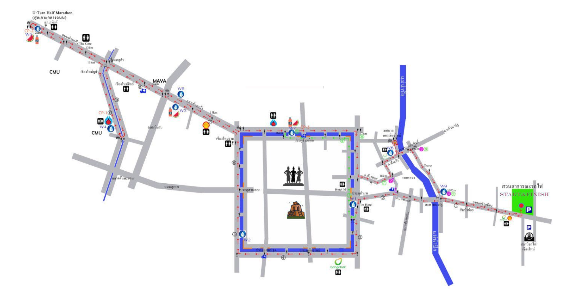 Bitcoin Half Marathon 2026 course map showing 5K, 10K and 21.1K routes through Chiang Mai